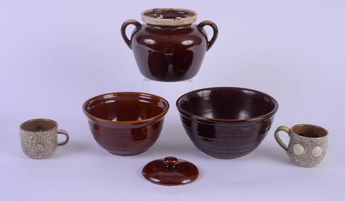 MCCOY STONEWARE COVERED JAR AND 2 STONEWARE BOWLS