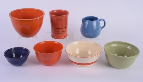 ORANGE FIESTA WARE BOWL AND JAR WITH OTHER STONEWARE BOWLS