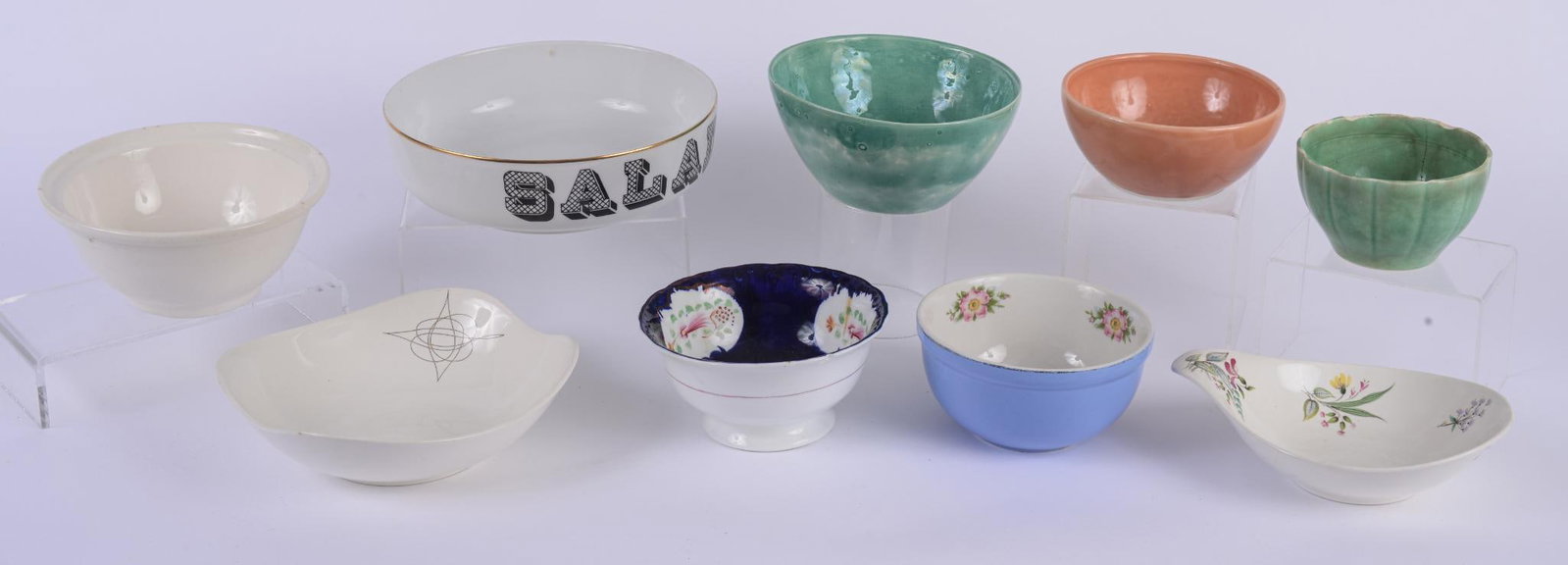 GROUP OF 9 PORCELAIN AND POTTERY SERVING BOWLS: Largest bowl diameter 9.75 inches, 4 with minor rim chips