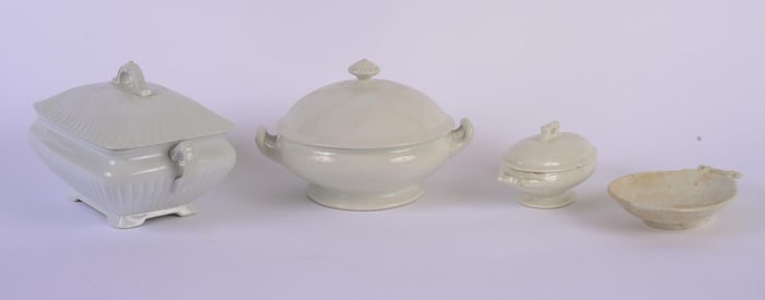 3 COVERED IRONSTONE AND PORCELAIN TUREENS WITH A SPOON REST