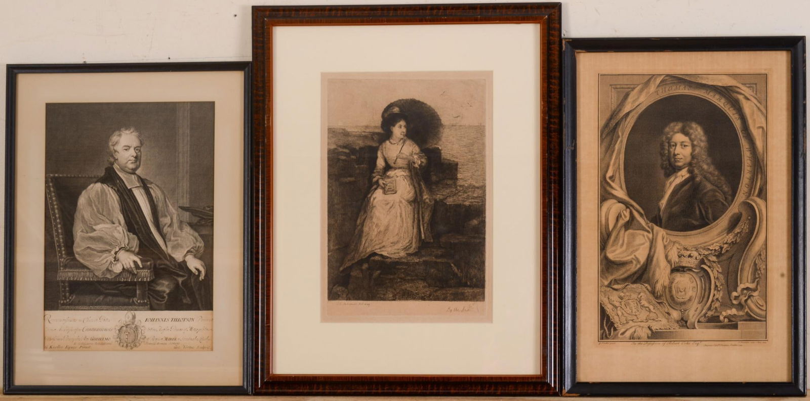 BY THE SEA' ETCHING OF WOMAN WITH PARASOL: With 2 prints of British Lords, etching image 13 inches x 8.5 inches, framed 21 inches x 16.5 inches