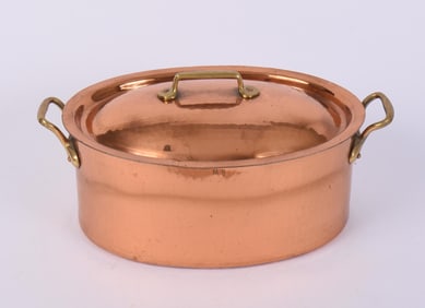 COPPER LIDDED BAKING DISH.