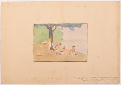 SMALL FRENCH WATERCOLOR OF CHILDREN ON A BEACH.