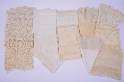 GROUP OF OFF WHITE LINEN, COTTON AND CROCHETED TABLECLOTHS