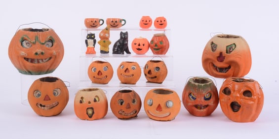 GROUP OF 15 PAPER MACHE AND OTHER PUMPKINS WITH HANDLES