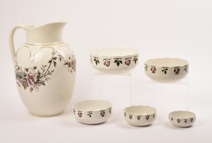 5 GERMAN NESTING BOWLS AND LARGE FLORAL WATER PITCHER