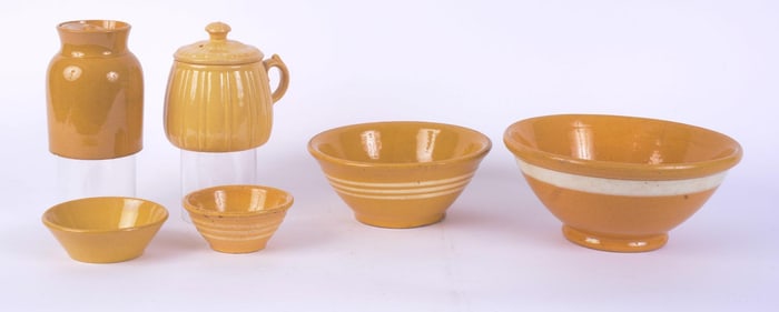 4 YELLOW WARE BOWLS WITH 2 YELLOW WARE LIDDED CANISTERS