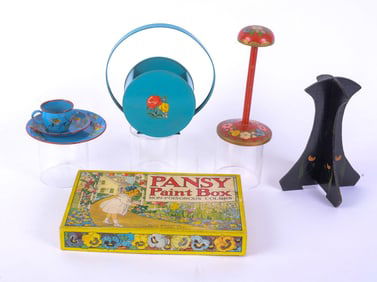 CHILD'S BLUE ENAMEL TEA SET AND PURSE