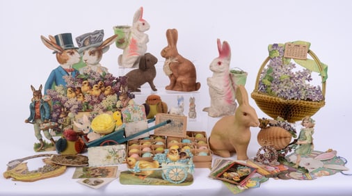 GROUP OF VINTAGE EASTER DECORATIONS AND FIGURES