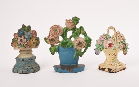 3 CAST IRON FLORAL PAINTED DOORSTOPS