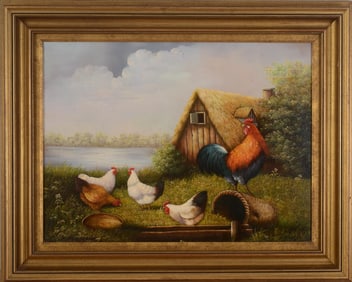 BOROFSKY PAINTING WITH CHICKENS.