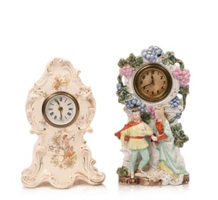 TWO GERMAN PORCELAIN DESK CLOCKS.