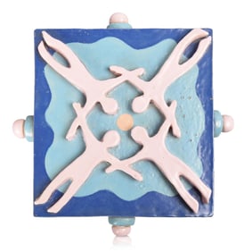 Painted Ceramic Sculpture With Figures Holding Hands