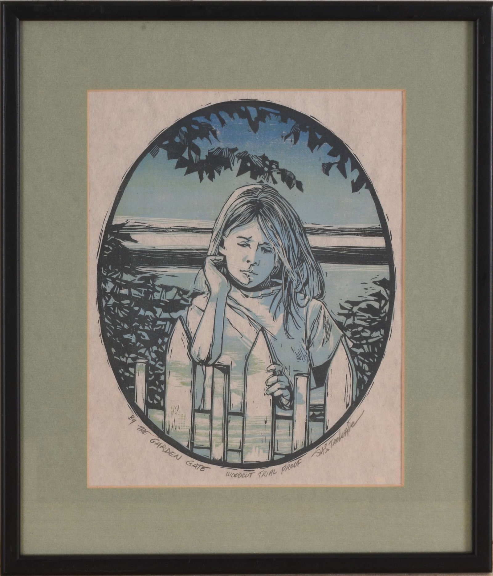 SAS. Treleafe 'By The Garden Gate' Woodcut: Matted and framed, image 10.5 inches x 8.5 inches, frame 15.5 inches x 13.25 inches