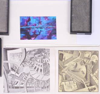Reish 'Chicago City Lights' 7/300 Color Lithograph: Signed l.r, with 2 prints by M.C Escher, lithograph image 9.5 inches x 14 inches