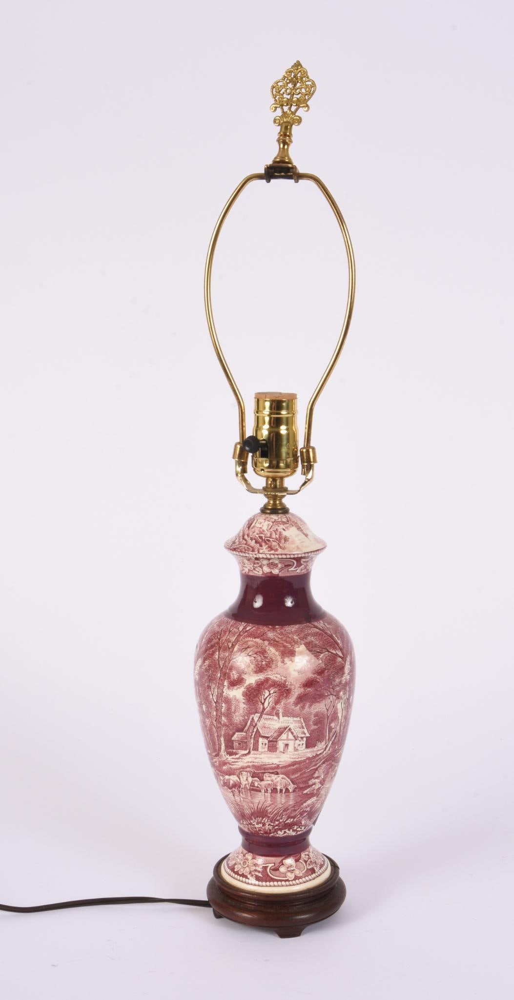 Vase With Landscape Scenes Mounted as a Lamp: On wood base and decorative brass finial, height 25 inches