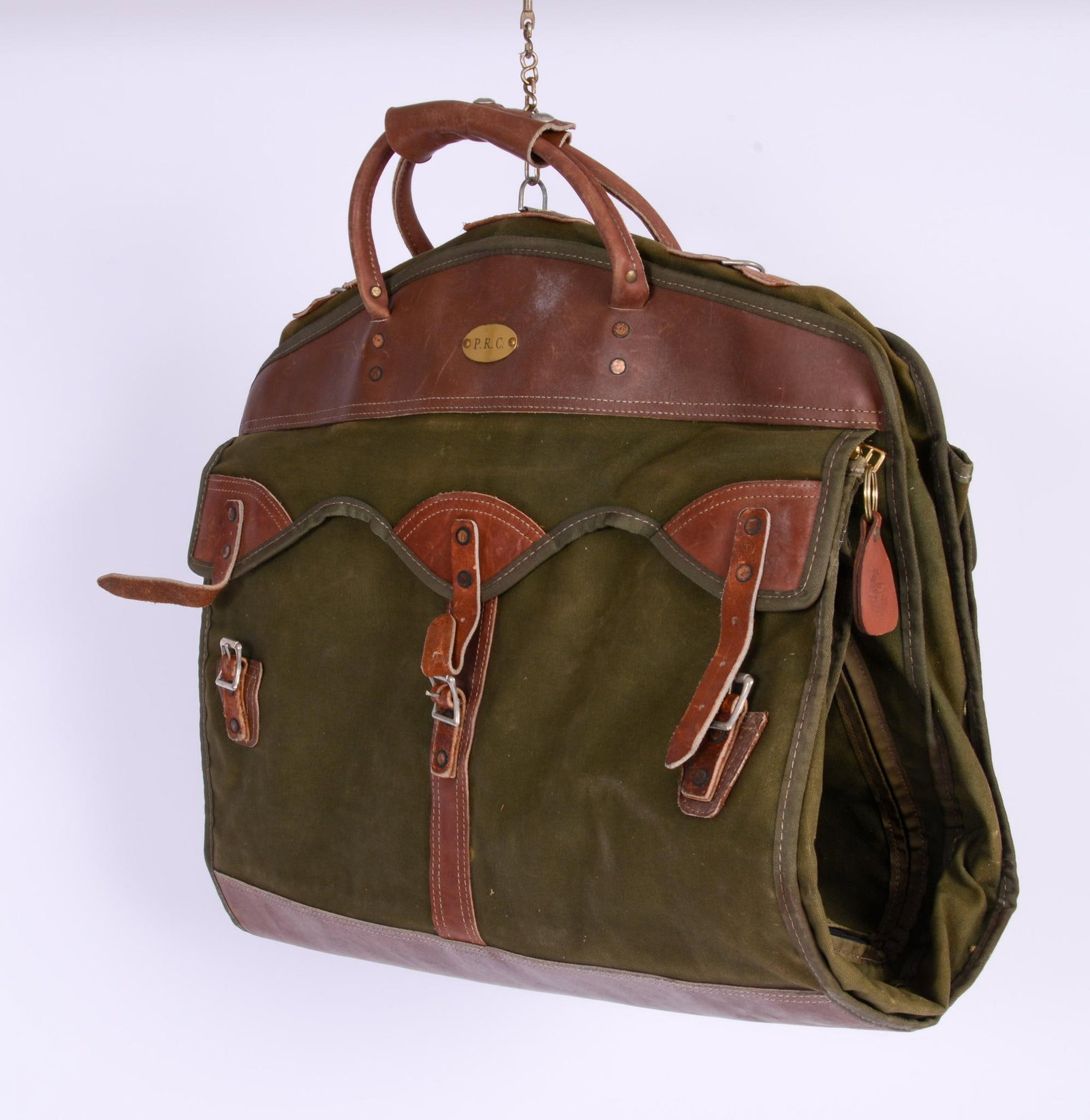 The Orvis Company Canvas and Leather Hanging Garment Bag: With brass initial plate, length 43 inches