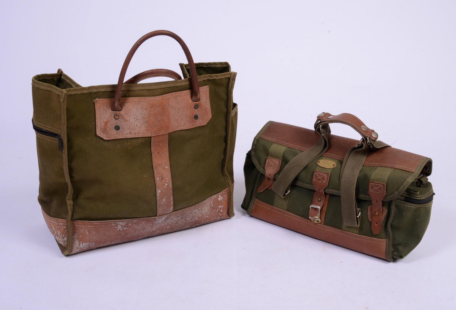 The Orvis Company Canvas and Leather Tote Bag: With matching satchel, both with brass initial plate, tote bag 15 inches x 19 inches