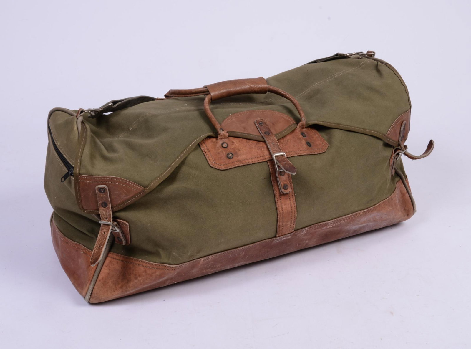 The Orvis Company Large Canvas and Leather Duffle Bag: With brass initial plate, width 29 inches