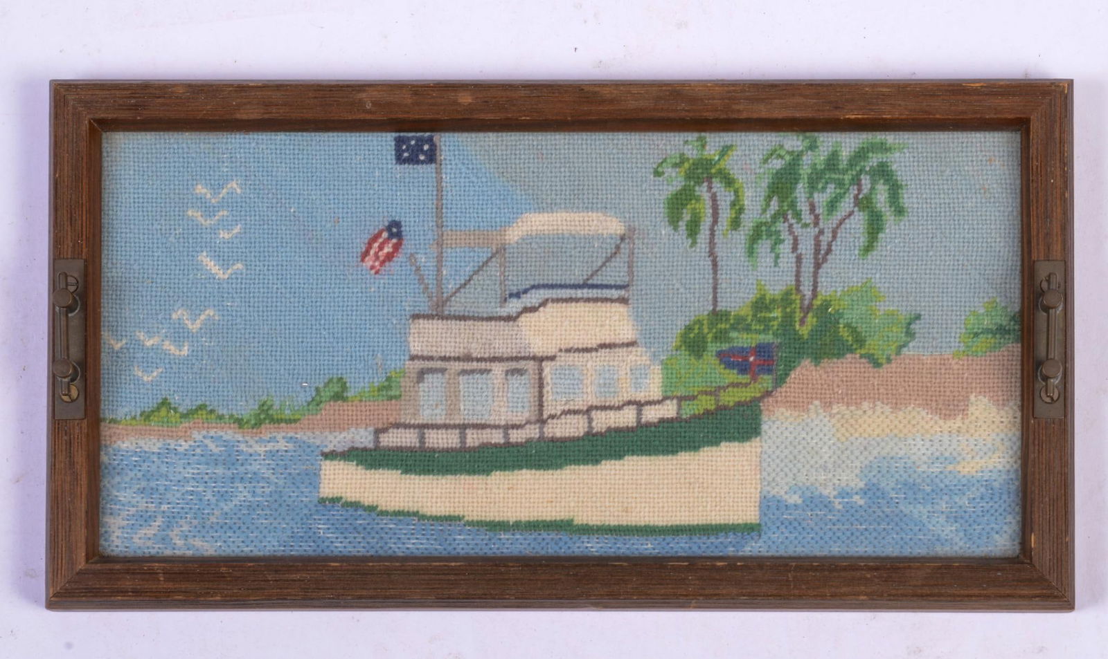 Small Wood Tray with Needlepoint Boat: With side metal handles, 7 inches x 13 inches