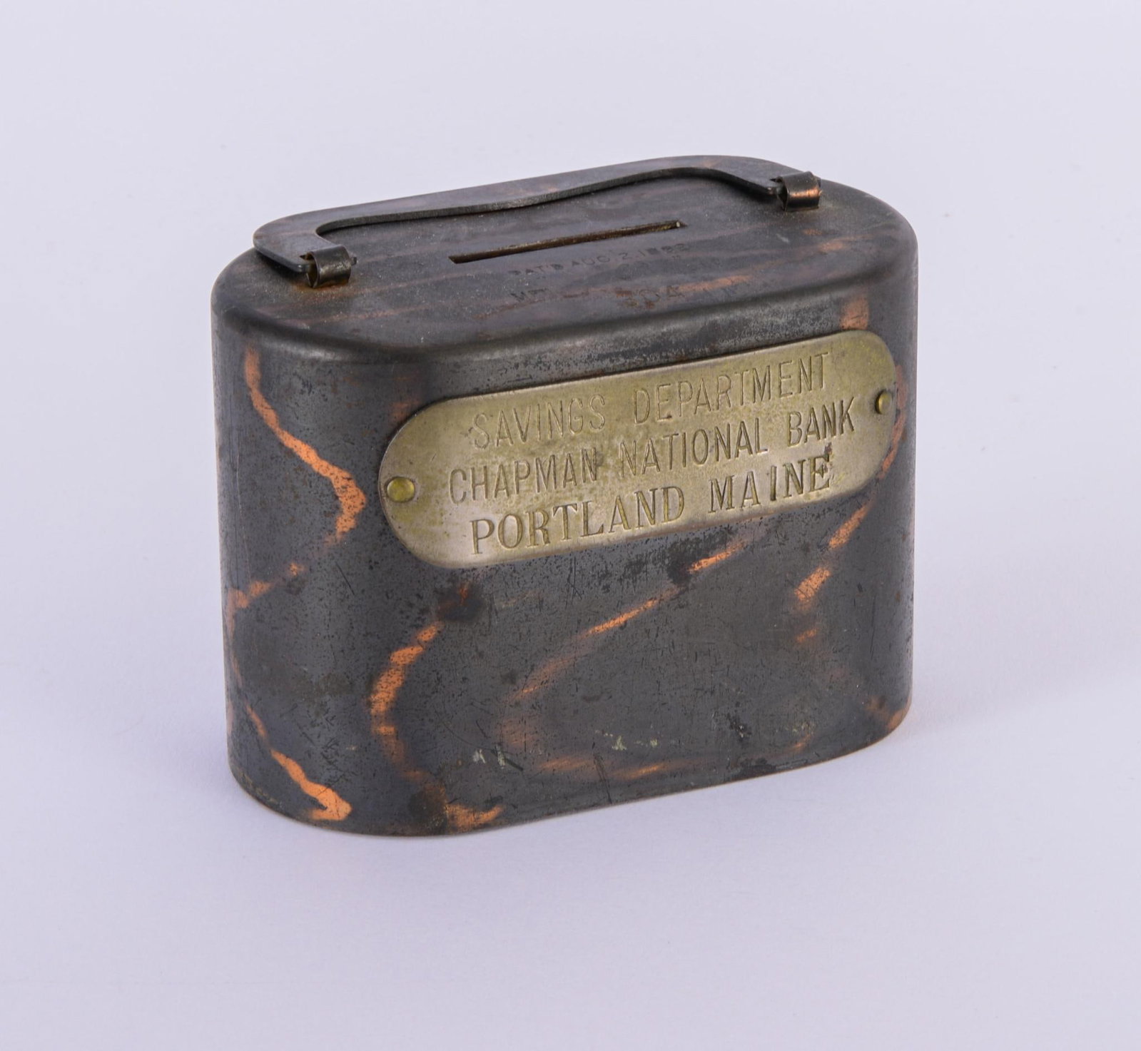Chapman National Bank Metal Coin Bank: 3.25 x 4.25 x 2.25 inches.