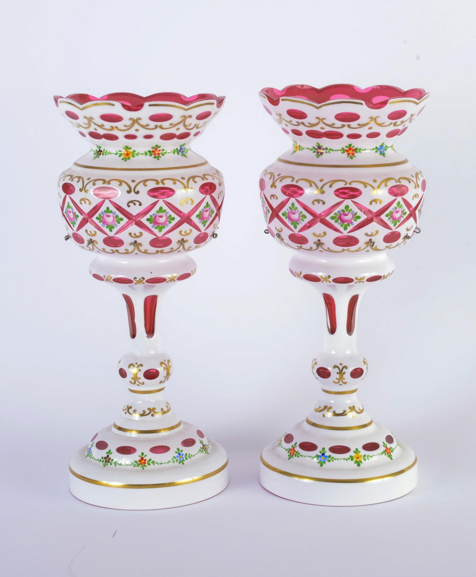 Pair of Moser Bohemian Style White and Cranberry Glass Vases (1 of 5)