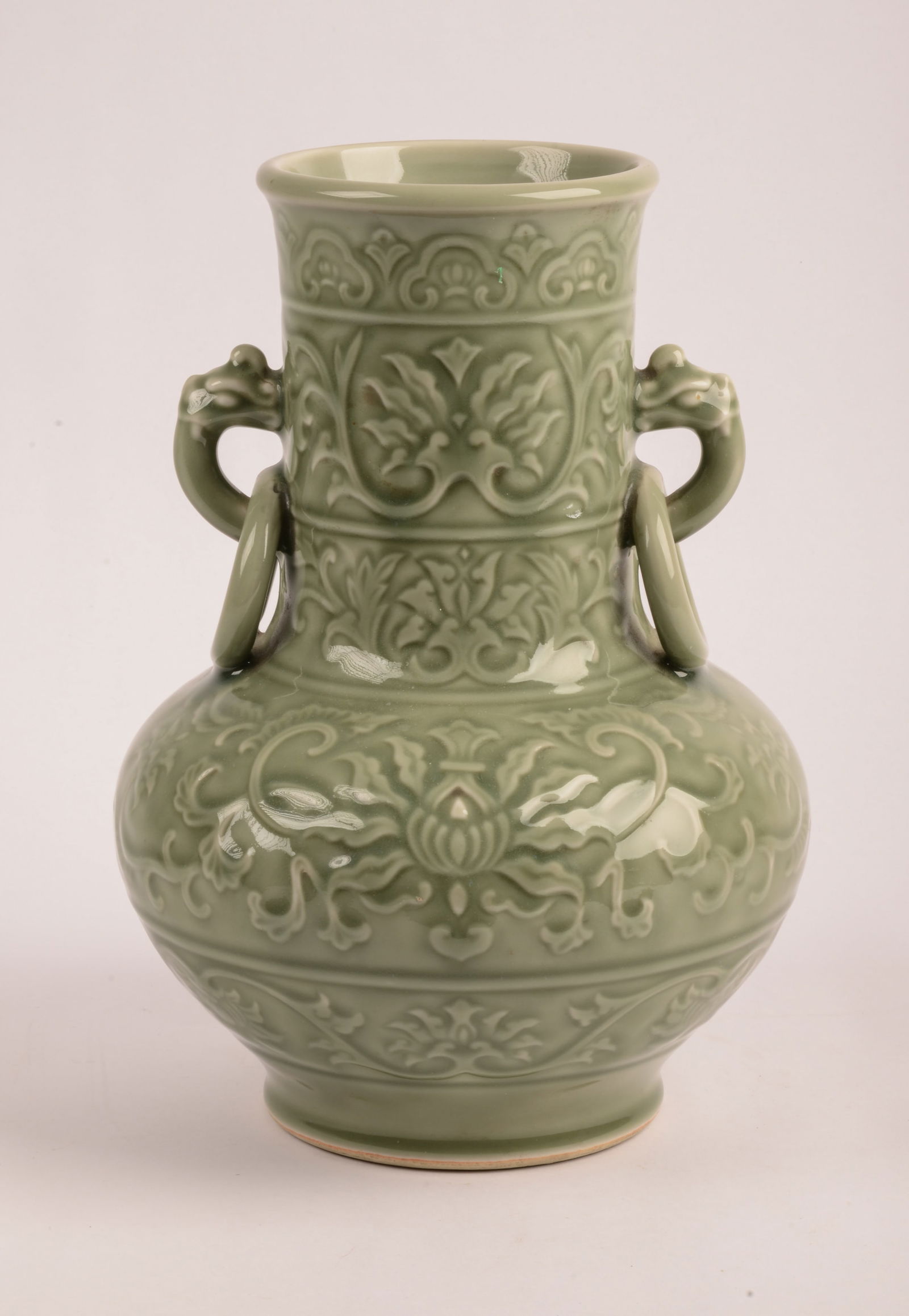 Large Chinese Celadon Glaze Two Handled Vase. (1 of 4)