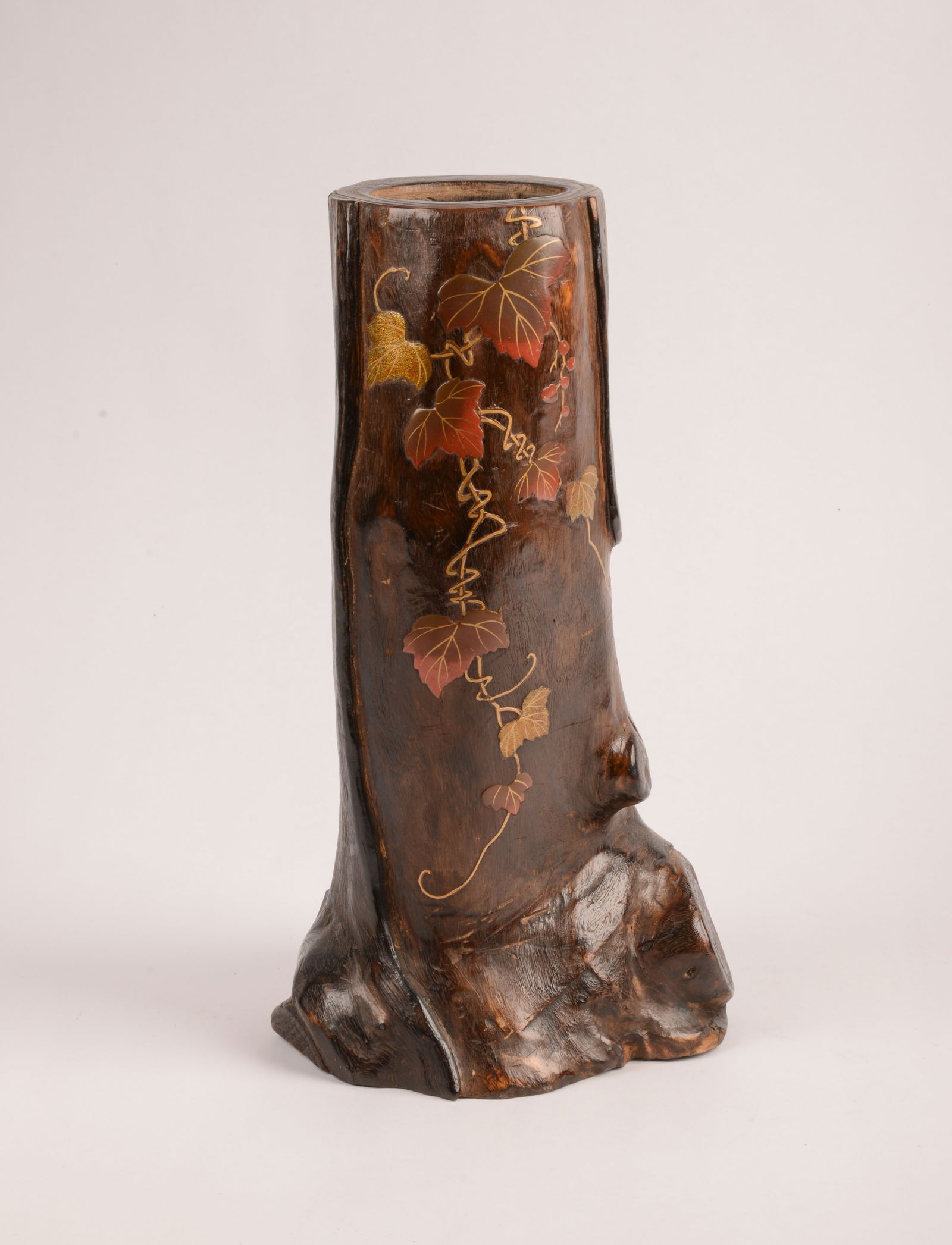 Chinese Brush Pot With Leaf Decoration.: Height 13 inches. Very good condition.