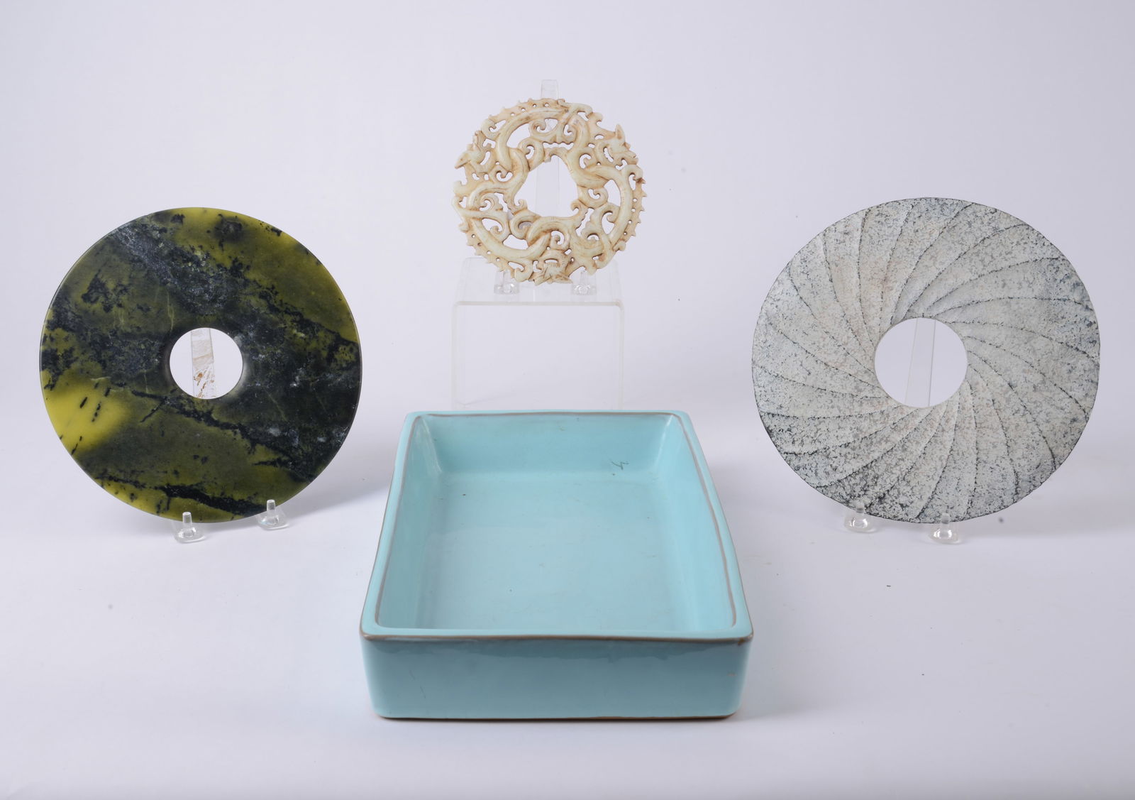 Aqua Stoneware Dish with Three Stone and Metal Asian Disks (1 of 6)