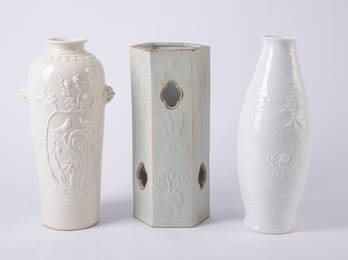 Two Tall Blanc de Chine Chinese Vases With Tall White Candle Holder