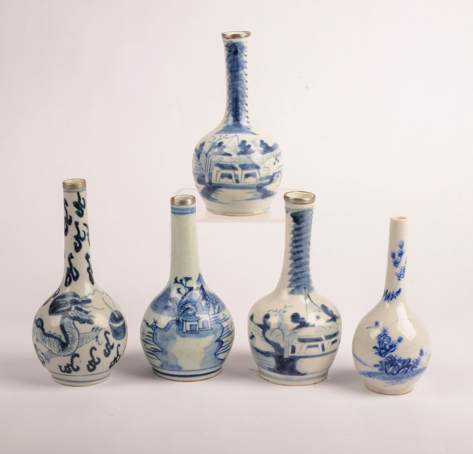 Five Blue and White Asian Long Neck Vases (1 of 3)