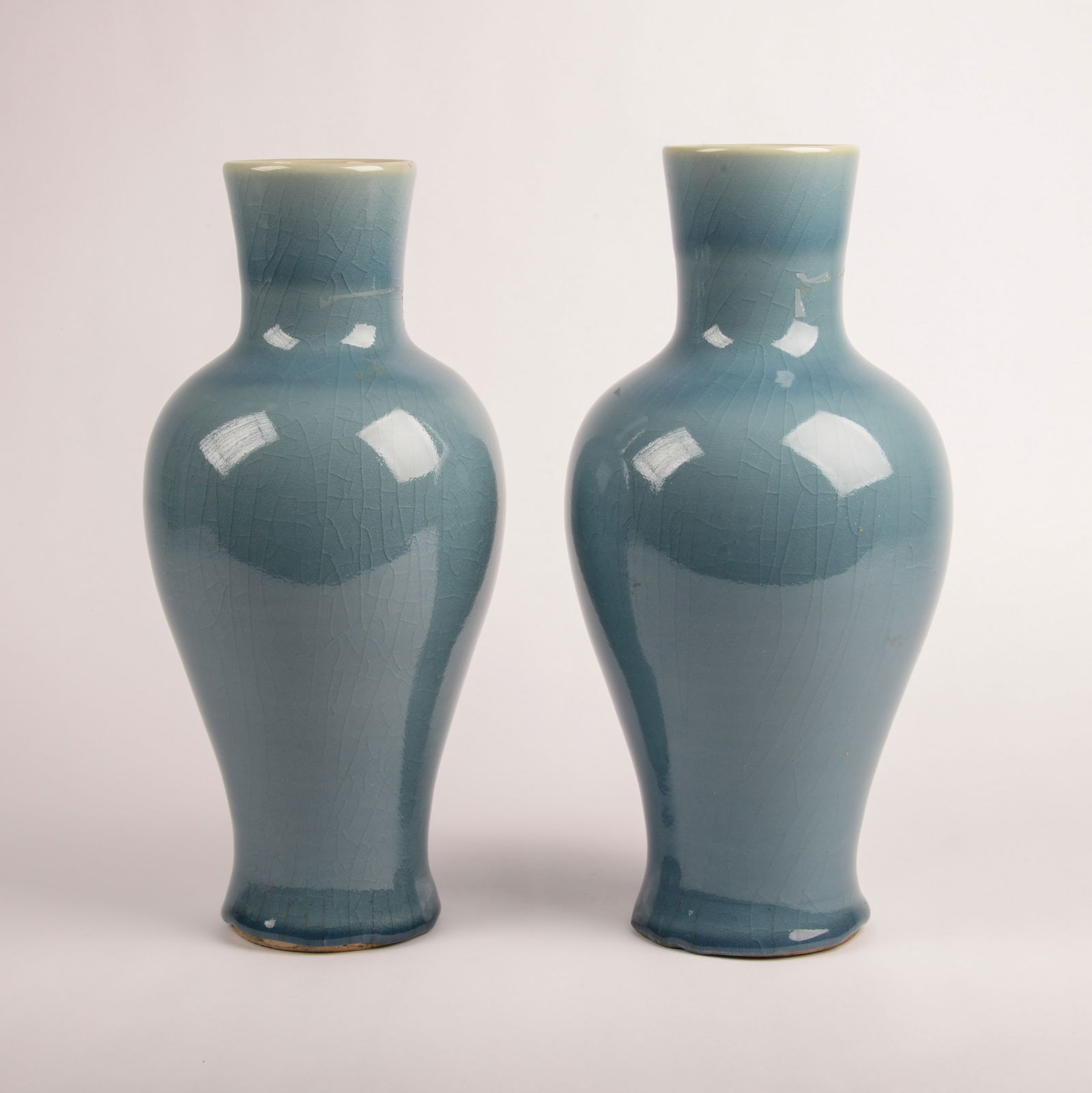 Pair of Tall Ceramic Celadon Glazed Vases with Craquelure Lines (1 of 3)