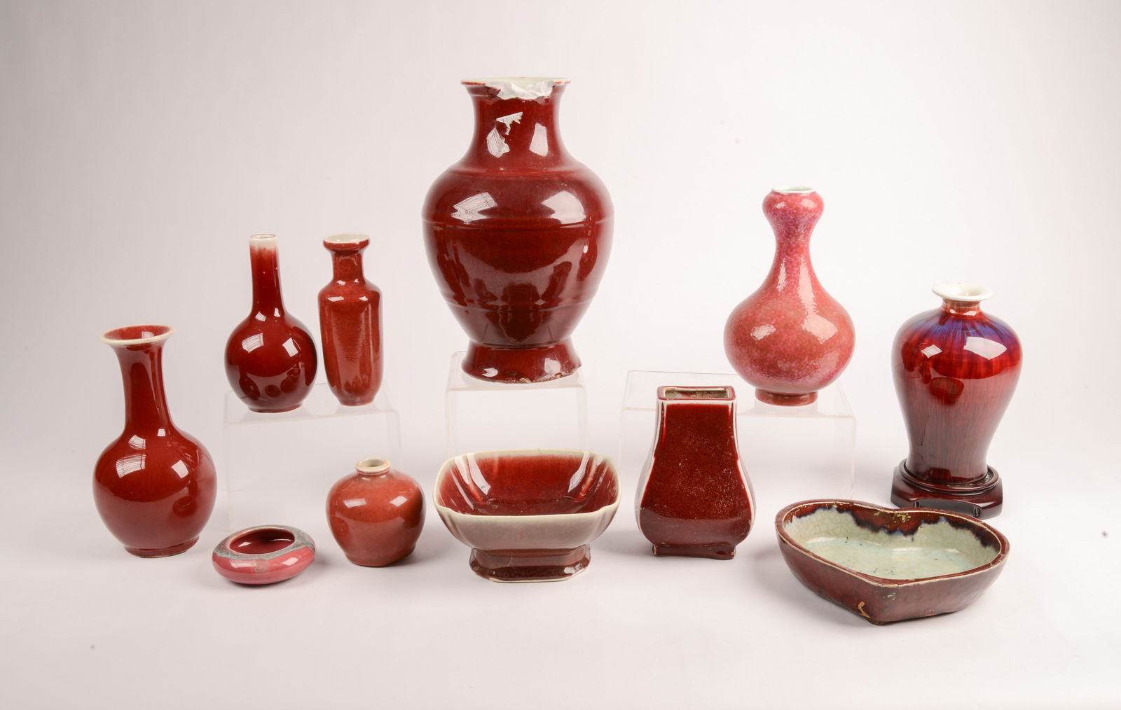 Group of Oxblood Color Ceramic Vases and Bowls (1 of 5)