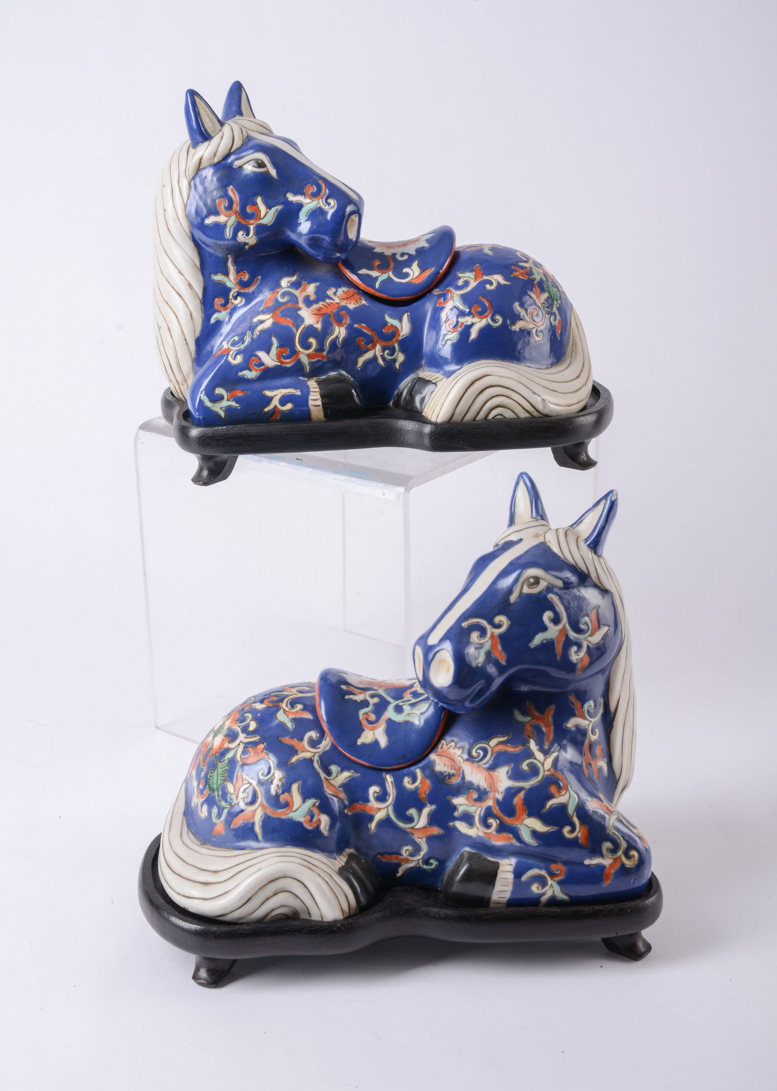 Pair of Chinese Painted Ceramic Ponies on Black Lacquer Stands (1 of 5)
