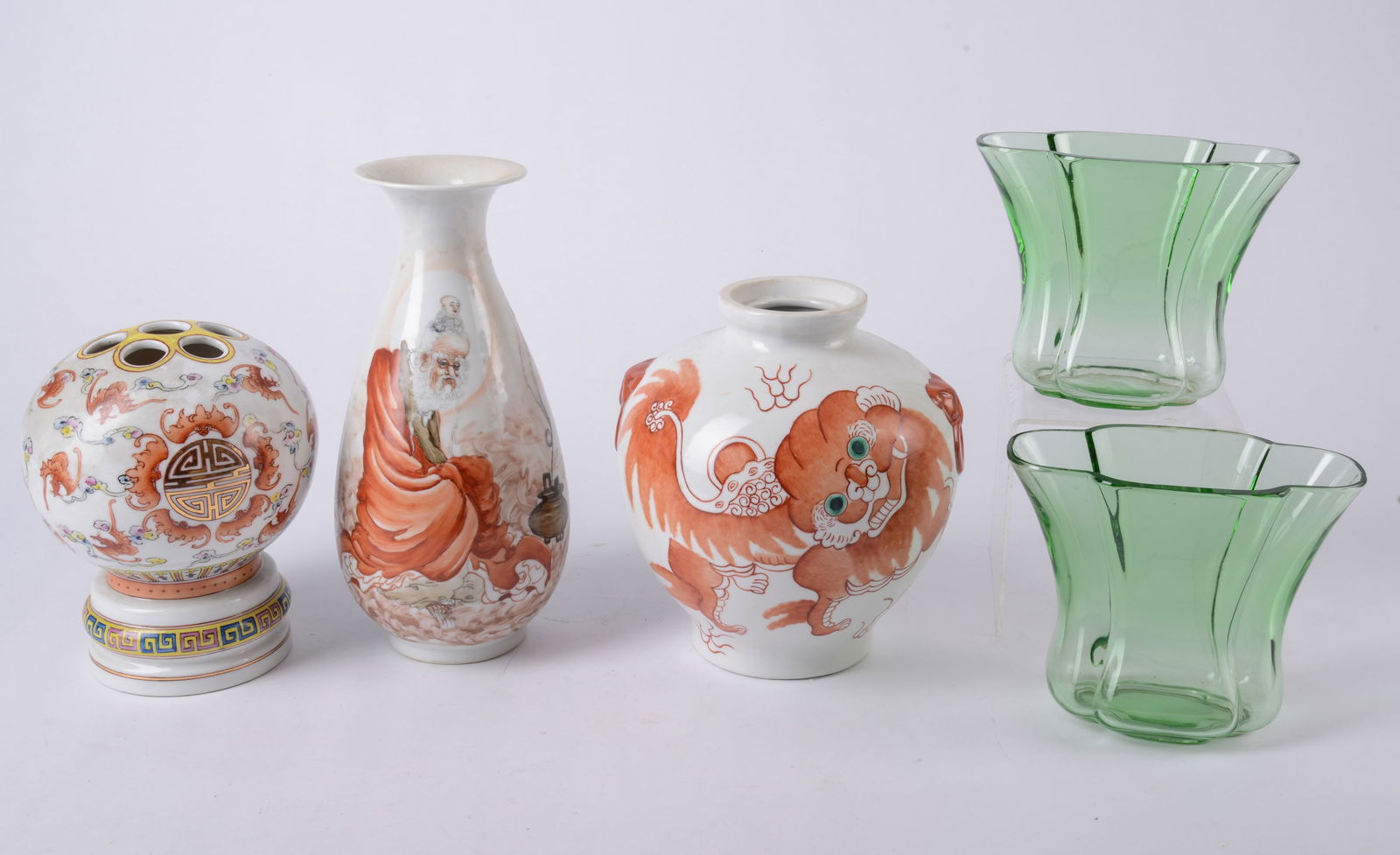 Three Asian Red Decorated Vases with pair of Green Glass Vases (1 of 4)