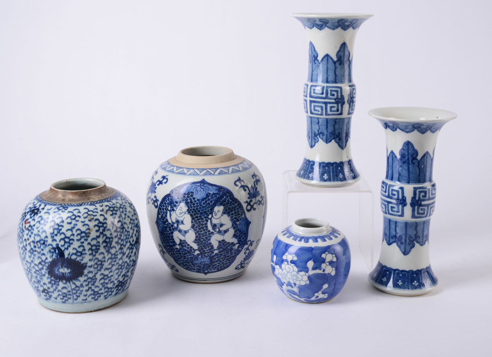 Three Asian Blue and White Ginger Jars and Two Vases (1 of 4)