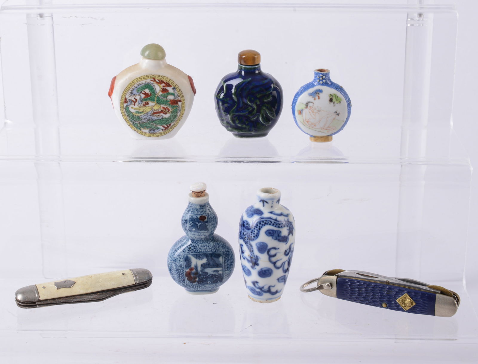 Four Snuff Bottles with Two Pocket Knives and Small Vase (1 of 3)