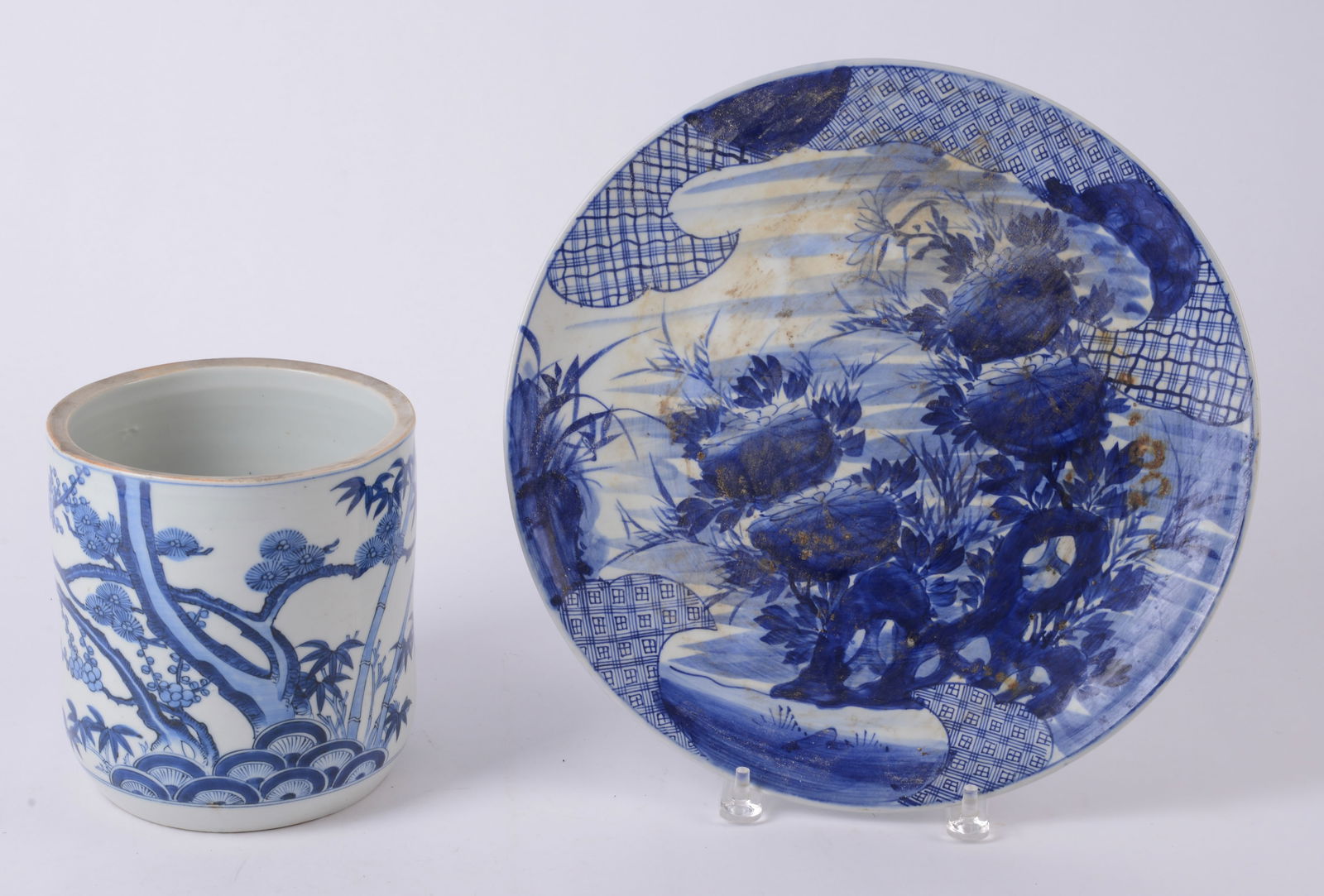 Blue and White Asian Planter with Large Blue Painted Serving Dish (1 of 3)