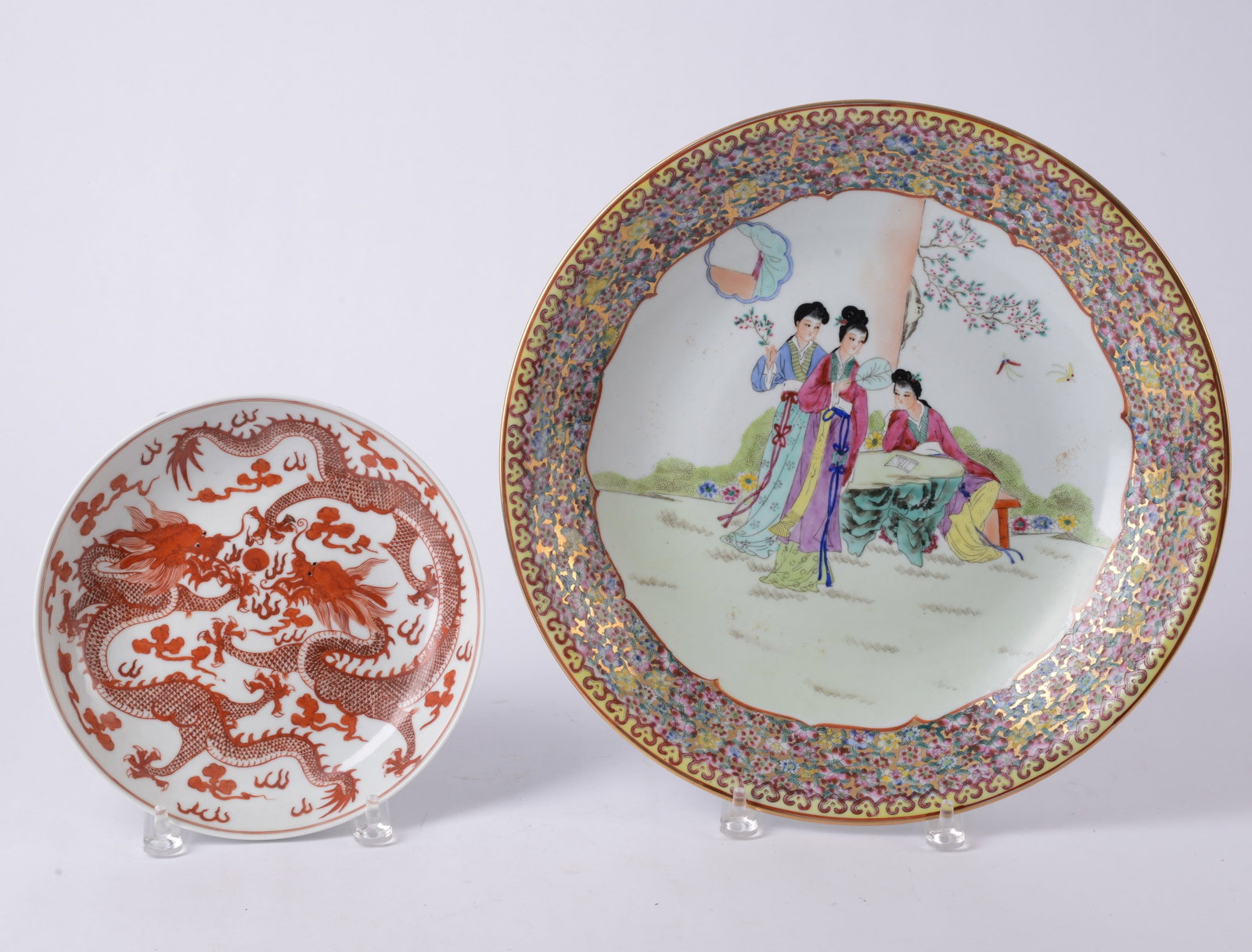 Serving Dish with Elegant Asian Women Figures and Floral Rim: Including a bowl decorated with red dragons, serving dish diameter 14.5 inches, good condition.