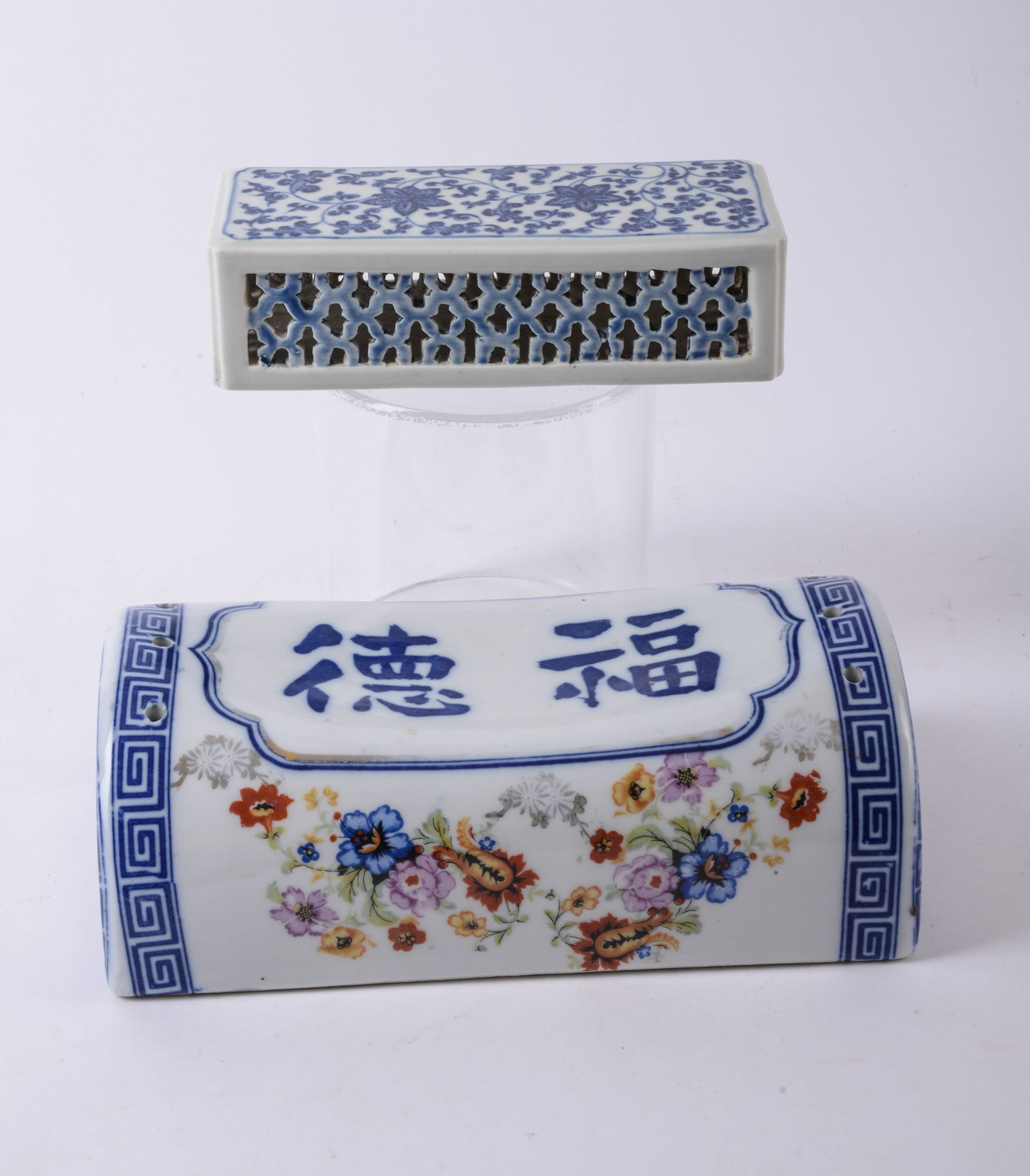 Asian Ceramic Headrest with Blue and White Incense Burner (1 of 5)