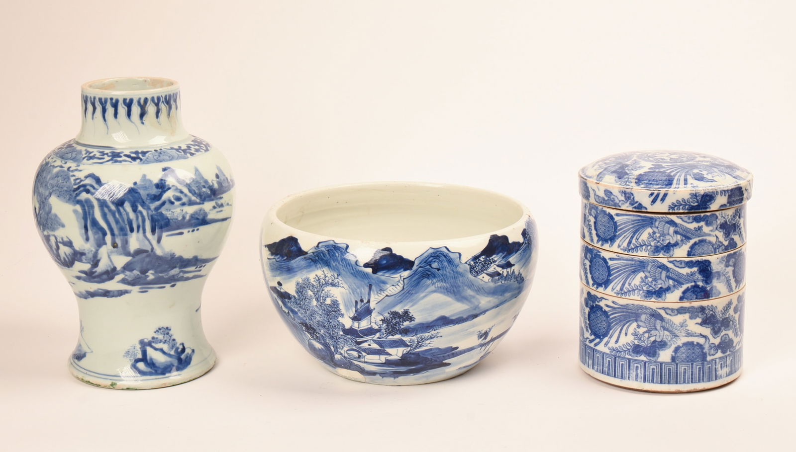 Blue and White Ceramic Three Tier Covered Food Storage Stack: With blue and white bowl and tall vase, food stack height 7.5 inches, good condition.