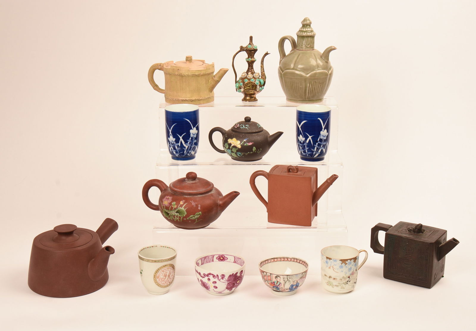 Group of Small Ceramic and Metal Teapots with Six Cups (1 of 7)