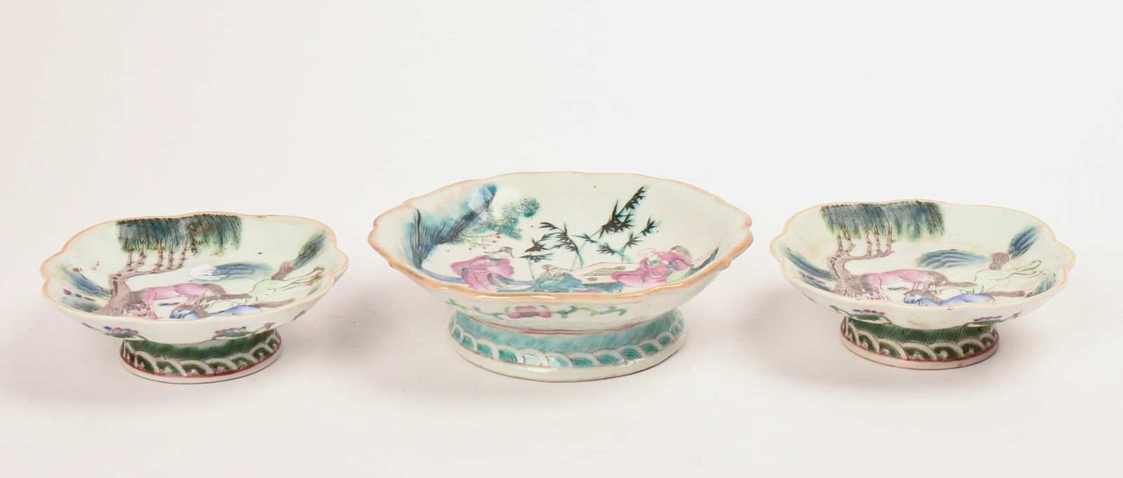 Set of Three Asian Ceramic Painted Footed DIshes (1 of 3)