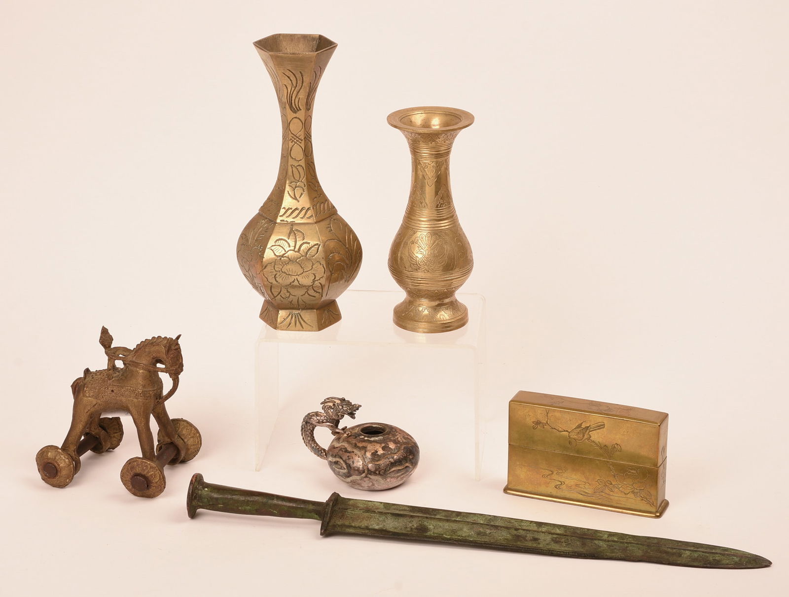 Group of Metal Chinese Items: Including 2 vases, toy horse, card holder, bowl with dragon and dagger length 15.5 inches.