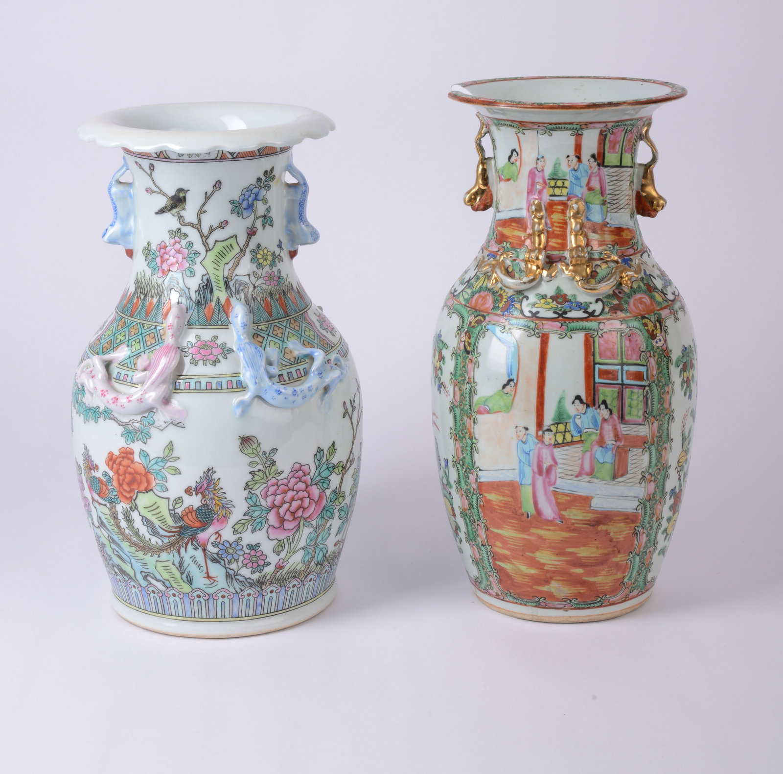 Chinese Rose Medallion Tall Vase: With Chinese flora vase with applied fish and lizards. Height 13.5 inches. Rose medallion vase with large rim chip, piece included.