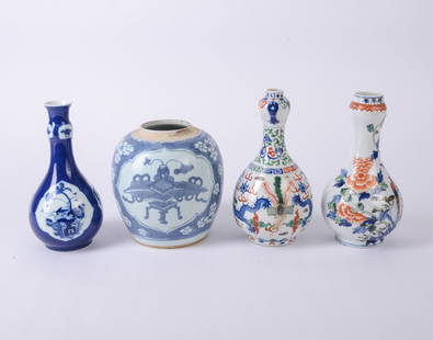 Three Chinese Ceramic Vases: With a blue and white ginger jar missing lid. Height 7.5 inches, good condition.
