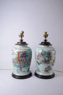 Pair of Large Chinese Ceramic Vases Mounted as Lamps: Decorated with figures and court scenes, on wood bases, height 21.5 inches, good condition.