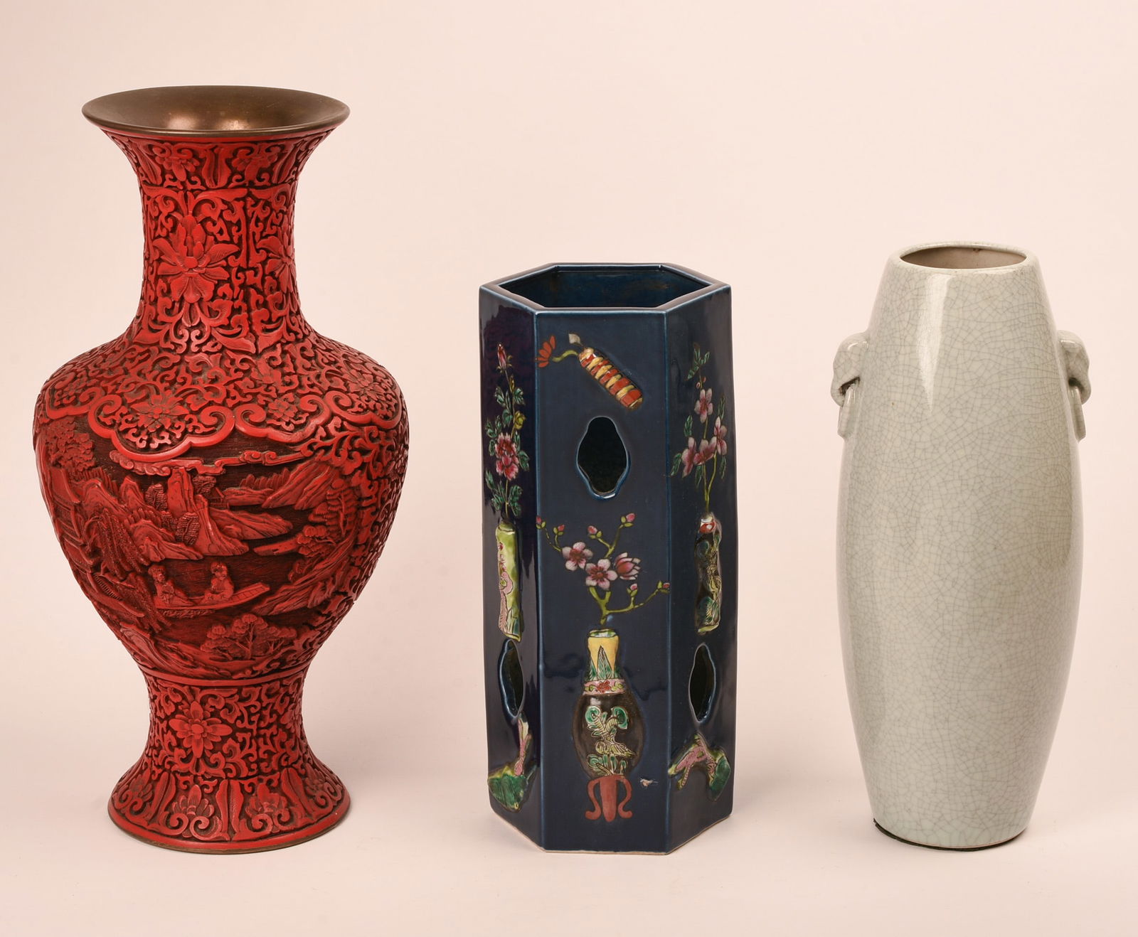 Chinese Tall Cinnabar Style Carved and Metal Vase (1 of 4)