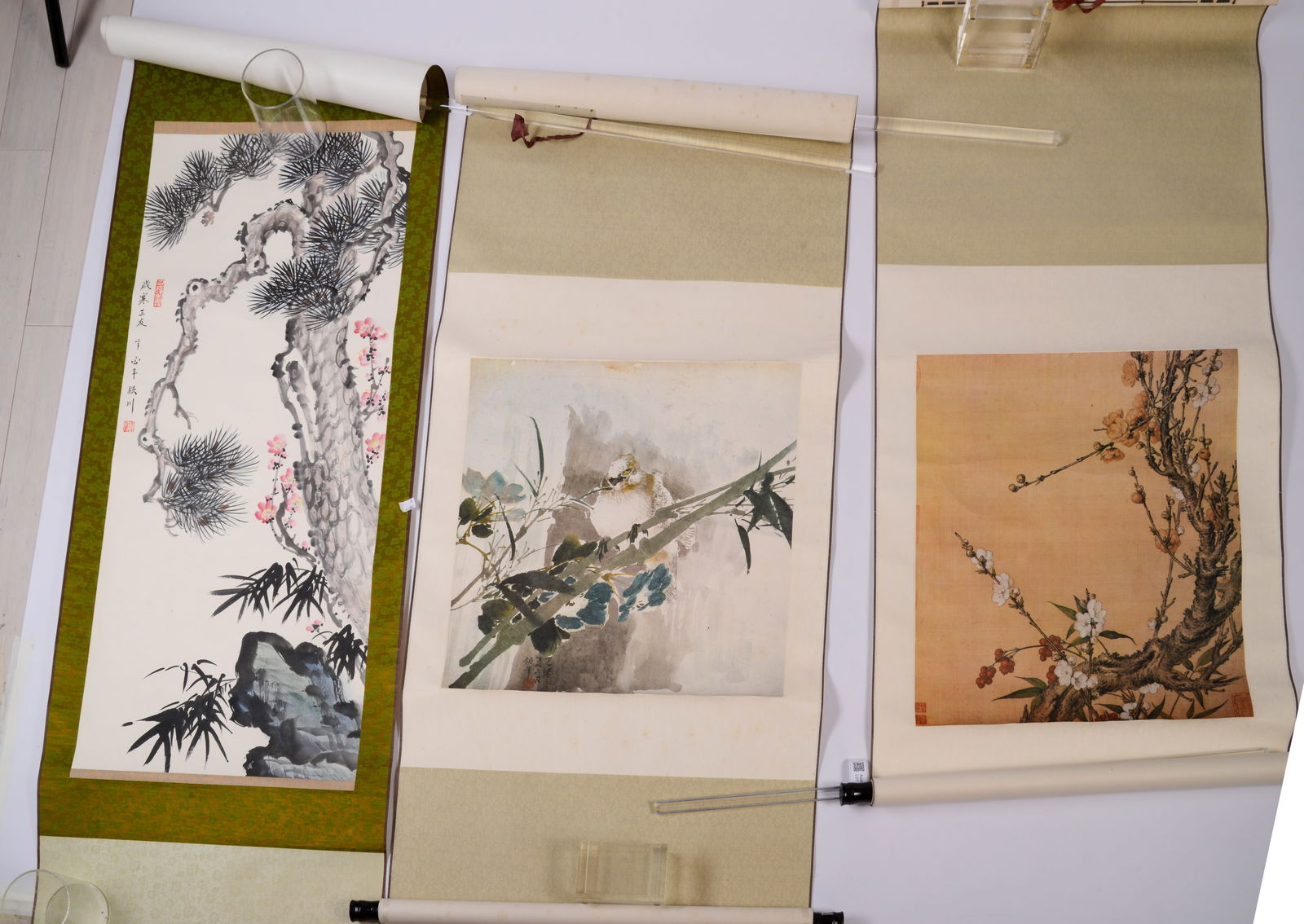 Chinese Scroll with Ink Branches and Pink Painted Flowers: With a floral scroll and scroll with birds. Pink flower scroll length 72 inches.