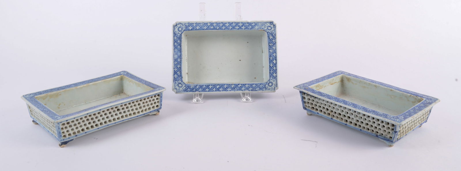 Set of Three Asian Blue-and-White Ceramic Shallow Planters (1 of 4)